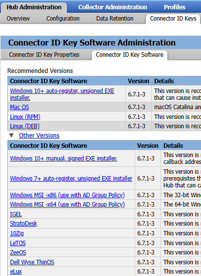 Connector ID Key Software tab showing Connector ID installer version 6.7.1-3