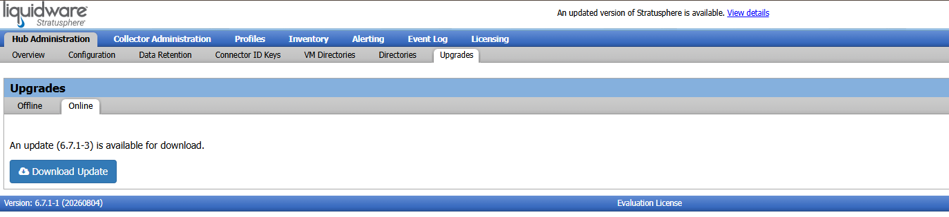 Hub Administration Upgrades Online tab showing An update (6.7.1-3) is available for download